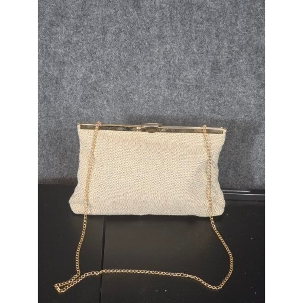 VTG Style Beige Woven Clutch Bag Gold Chain Crossbody Kiss Lock Evening Purse